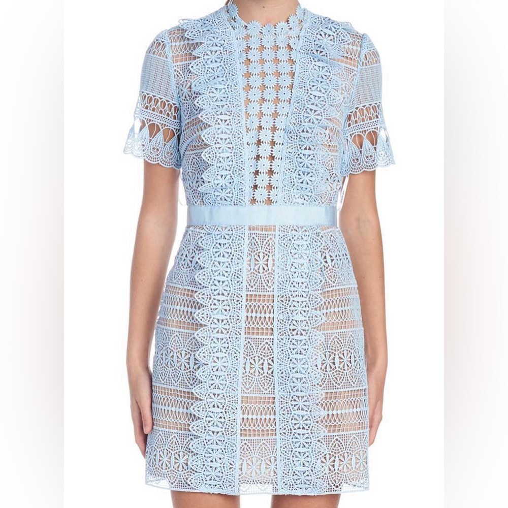 SELF PORTRAIT BLUE APPLIQUÉ LACE DRESS